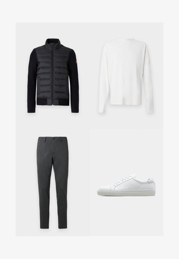 Black zip-up jacket with quilted front panel and knitted sleeves, featuring side pockets and a small logo patch on the left arm.; Long-sleeved white cotton shirt with a round neckline, side slits at the bottom, and a smooth texture, displayed from the back.; Dark gray trousers made from a textured fabric. Fitted design with a straight leg, featuring a single button closure and belt loops.; White sneaker with a smooth leather upper and a low profile. Features a rounded toe, six eyelets, and a textured rubber sole.