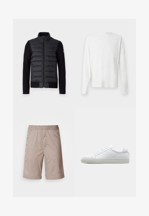 Veste zippée noire avec un panneau avant matelassé et des manches en tricot, comportant des poches latérales et un petit patch logo sur le bras gauche.; Chemise en coton blanc à manches longues avec un col rond, fentes latérales en bas et une texture lisse, présentée de dos.; Shorts beiges avec une taille élastique, texture lisse, coupe au niveau des genoux, sans motifs ni détails matériels visibles.; Sneaker blanche avec une tige en cuir lisse et un profil bas. Présente un bout arrondi, six œillets et une semelle en caoutchouc texturé.