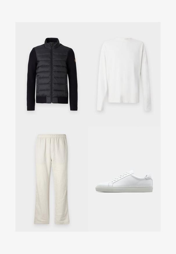 Sort lynlåsjakke med quiltet frontpanel og strikkede ærmer, udstyret med sidelommer og et lille logo-patch på venstre arm.; Langærmet hvid bomulds skjorte med rund halsudskæring, sideslids i bunden og en glat overflade, vist bagfra.; Beige lette linned bukser med elastisk talje, lige ben og ingen synlige lommer eller lukninger.; Hvide sneakers med en glat læderoverdel og lav profil. Har en rund tå, seks snørehuller og en tekstureret gummisål.