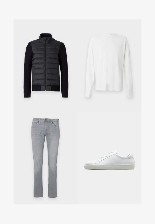 Czarna kurtka zapinana na suwak z pikowanym przednim panelem i dzianinowymi rękawami, z bocznymi kieszeniami i małą naszywką z logo na lewym ramieniu.; Biała, bawełniana koszula z długim rękawem, okrągłym dekoltem, bocznymi rozcięciami na dole oraz gładką fakturą, wyeksponowana z tyłu.; Szare dżinsy o prostym kroju nogawki, z zapięciem na guziki i zamek błyskawiczny z przodu, pięcioma kieszeniami i delikatnym wyblaknięciem na całej powierzchni.; Białe sneakersy z gładką skórzaną cholewką i niskim profilem. Posiadają okrągły nos, sześć dziurek na sznurówki oraz teksturowaną gumową podeszwę.