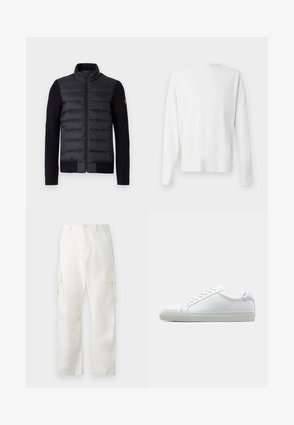 Schwarze Zip-Up-Jacke mit gestepptem Vorderteil und gestrickten Ärmeln, ausgestattet mit Seitentaschen und einem kleinen Logo-Patch am linken Arm.; Langärmliges weißes Baumwollhemd mit rundem Ausschnitt, seitlichen Schlitzen am unteren Rand und glatter Textur, von hinten präsentiert.; Weiße Cargo-Hosen aus Baumwolle mit geradem Bein, zwei Seitentaschen und zwei Cargo-Taschen an den Oberschenkeln.; Weißer Sneaker mit glattem Lederobermaterial und niedrigem Profil. Verfügt über eine runde Zehenpartie, sechs Ösen und eine strukturierte Gummisohle.