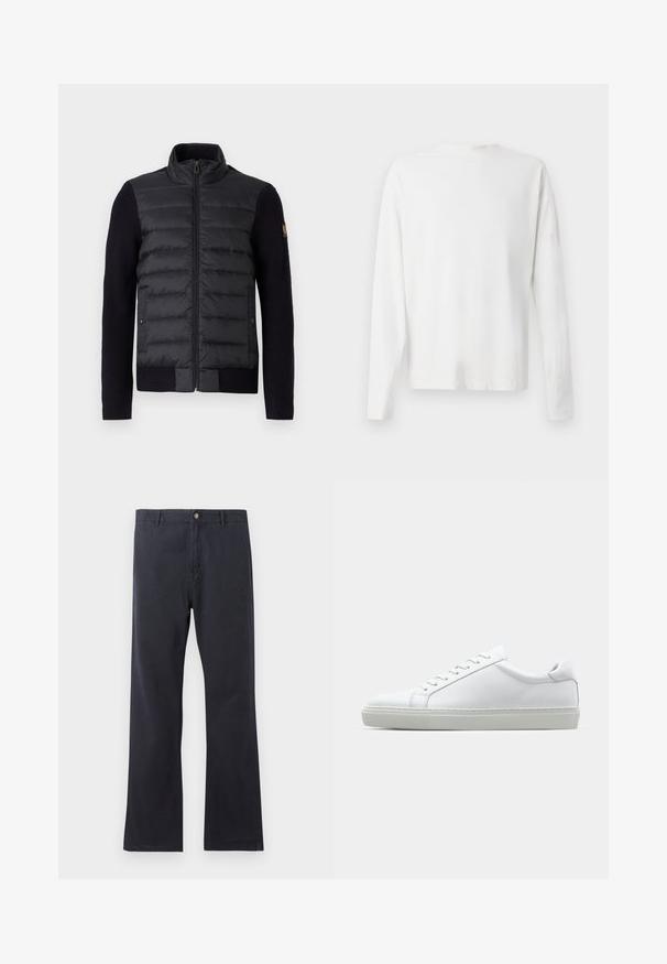 Mustan vetoketjullinen takki, jossa on tikattu etupaneeli ja neulosmateriaalista hihat. Takissa on sivutaskut ja pieni logo-patch vasemmassa hihassa.; Pitkähihaisesta valkoisesta puuvillapaidasta, jossa on pyöreä pääntie, sivuhaalareita alaosassa ja sileä pinta, näkyy takaa.; Laivastonsinisiä chinoshousuja, jotka on valmistettu puuvillasekoitteesta. Niissä on suora lahje, nappisuljenta ja vyölenkit. Housuissa on sileä pinta ja vähäiset yksityiskohdat.; Valkoinen tennari, jossa on sileä nahkapäällinen ja matala profiili. Ominaisuuksiin kuuluu pyöreä kärki, kuusi rei'itystä ja teksturoitu kumipohja.