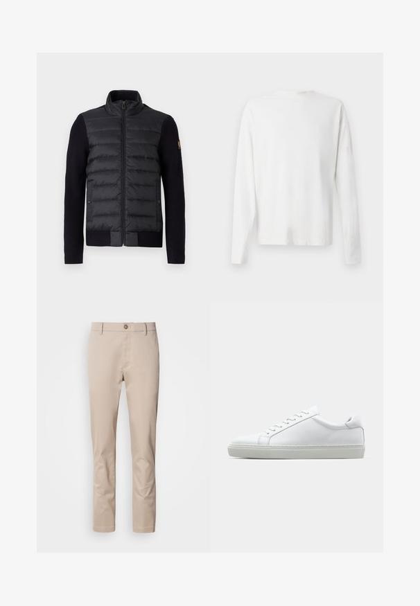Črna zip-jakna z quiltano sprednjo ploščo in pletenimi rokavi, z stranskimi žepi in majhnim logotipom na levem rokavu.; Bela bombažna srajca z dolgimi rokavi in okroglo ovratnikom, z bočnimi razporki na dnu in gladko teksturo, prikazana s hrbtne strani.; Bež bombažne chino hlače s ravnim krojem, zankami za pas, enim sprednjim gumbom in gladko, brez teksture površino. Žepi niso vidni.; Bela športna obutev z gladkim usnjenim zgornjim delom in nizkim profilom. Ima zaokrožen nos, šest lukenj za vezalke in teksturiran gumijast podplat.