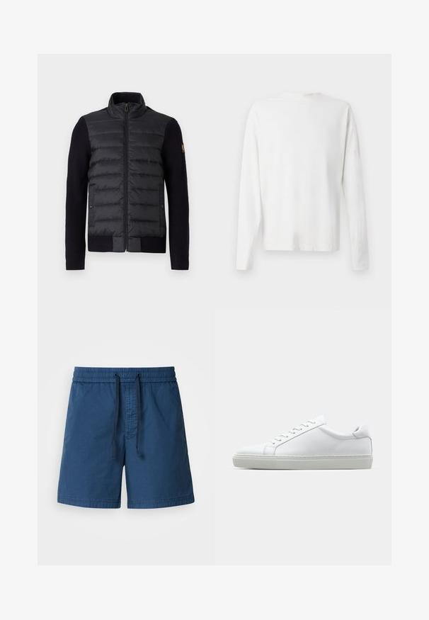 Juodas zip-up džemperis su siuvinėtu priekiu ir megztais rankovėmis, su šoniniais kišenėmis ir mažu logotipu kairėje rankovėje.; Ilgų rankovių baltas medvilninis marškinis su apvalia iškirpte, šonuose su plyšiais apačioje ir lygia tekstūra, rodomas iš nugaros.; Tamsiai mėlynos maudymosi šortai su elastinga juosta, raišteliu ir tekstūruotu audiniu. Dizainas pasižymi tiesiu siluetu ir neturi kišenių.; Baltas sportinis batelis su lygiu odiniu paviršiumi ir žemu profiliu. Turi suapvalintą pirštą, šešis akių skyrius ir tekstūruotą gumos padą.