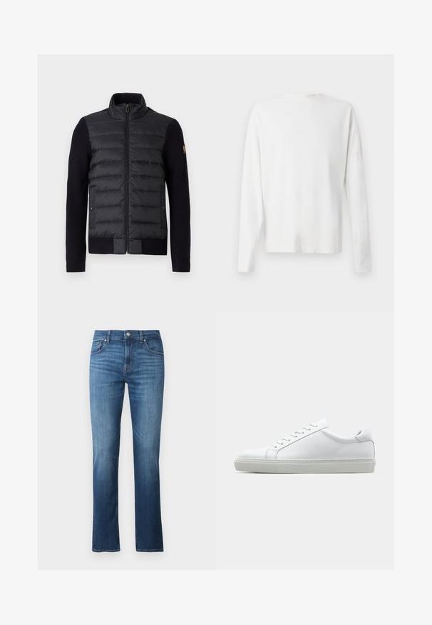 Zwarte zip-up jack met gewatteerd voorschut en gebreide mouwen, voorzien van zijzakken en een klein logopatch op de linkermouw.; Witte katoenen blouse met lange mouwen en een ronde halslijn, met zijsplitten aan de onderkant en een gladde textuur, vanuit de achterkant weergegeven.; Blauwe denim jeans met een rechte pijp, voorzien van een medium taille, vijf zakken en een gladde textuur. Subtiele vervaging en contrasterende stiksels.; Witte sneaker met een gladlederen bovenwerk en een laag profiel. Voorzien van een ronde neus, zes vetergaatjes en een gestructureerde rubberen zool.