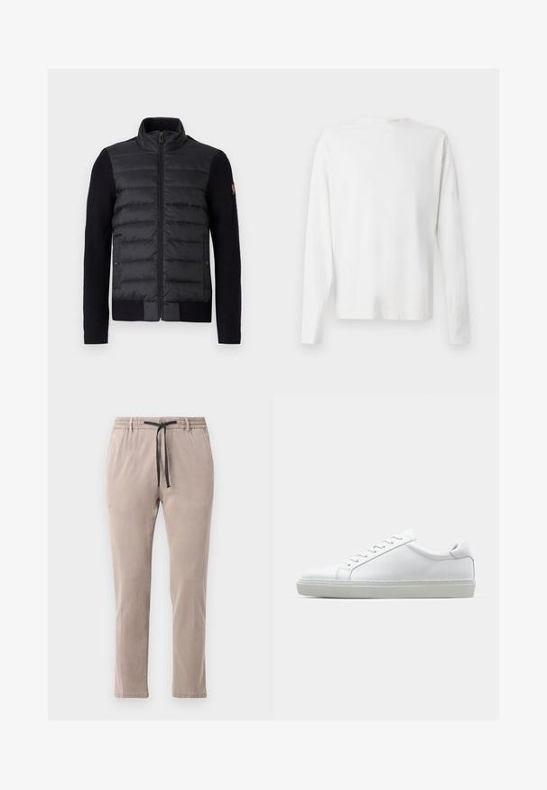 Melns zip-up džemperis ar kviltotu priekšējā paneļa un adītiem piedurknēm, ar sānu kabatām un mazu logo uzlīmi uz kreisā roka.; Garums piedurkņu baltā kokvilnas krekls ar apaļu dekoltē, sānu šķēlumiem apakšā un gludu tekstūru, redzams no aizmugures.; Beige bikses ar elastīgu jostu un melnu šņoru. Taisna kāju dizains ar mīkstu tekstūru un minimālām šuvju detaļām.; Baltie sporta apavi ar gludu ādas virsu un zemu profilu. Iezīmējas ar noapaļotu purngalu, sešām acīm un teksturētu gumijas zoli.