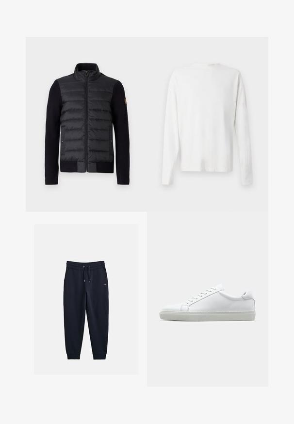 Sort lynlåsjakke med quiltet frontpanel og strikkede ærmer, udstyret med sidelommer og et lille logo-patch på venstre arm.; Langærmet hvid bomulds skjorte med rund halsudskæring, sideslids i bunden og en glat overflade, vist bagfra.; Marineblå sweatpants lavet af blødt materiale, med elastisk talje og snor, sidelommer og ribbestrikkede manchetter.; Hvide sneakers med en glat læderoverdel og lav profil. Har en rund tå, seks snørehuller og en tekstureret gummisål.