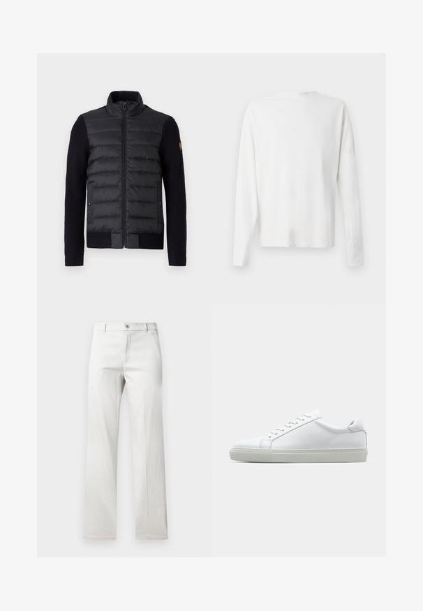Black zip-up jacket with quilted front panel and knitted sleeves, featuring side pockets and a small logo patch on the left arm.; Long-sleeved white cotton shirt with a round neckline, side slits at the bottom, and a smooth texture, displayed from the back.; Light gray trousers with a straight-leg design, made from a smooth fabric, featuring a front button closure and side pockets.; White sneaker with a smooth leather upper and a low profile. Features a rounded toe, six eyelets, and a textured rubber sole.