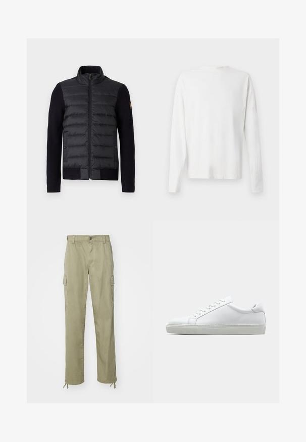 Černá zipová bunda s prošívanou přední částí a pletenými rukávy, vybavená bočními kapsami a malou nášivkou s logem na levém rukávu.; Bílá bavlněná košile s dlouhým rukávem a kulatým výstřihem, s bočními rozparky na spodní části a hladkým povrchem, vystavená zezadu.; Khaki cargo kalhoty vyrobené z bavlny, s elastickým pasem, dvěma bočními kapsami a šňůrkami u kotníků.; Bílé tenisky s hladkým koženým svrškem a nízkým profilem. Mají zaoblenou špičku, šest nýtů a texturovanou gumovou podrážku.