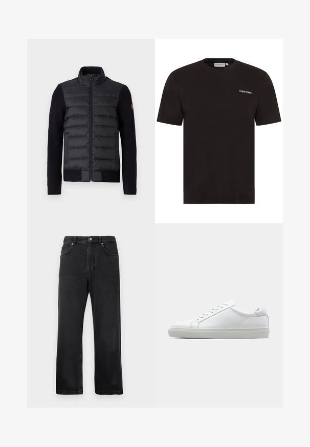 Black zip-up jacket with quilted front panel and knitted sleeves, featuring side pockets and a small logo patch on the left arm.; Black short-sleeve t-shirt made of cotton. Features a round neckline and a small white "Calvin Klein" logo on the left chest.; Black straight-leg jeans with front pockets, belt loops, and a button closure on a white background.; White sneaker with a smooth leather upper and a low profile. Features a rounded toe, six eyelets, and a textured rubber sole.
