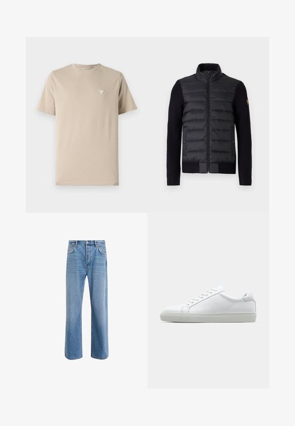 Giacca nera con zipper, pannello frontale trapuntato e maniche in maglia, dotata di tasche laterali e un piccolo patch con logo sul braccio sinistro.; T-shirt di cotone beige con maniche corte, scollatura rotonda e un piccolo logo triangolare ricamato sul petto sinistro. Texture liscia.; Jeans in denim blu chiaro con design a gamba dritta, cinque tasche, chiusura con bottone, leggero sbiadimento e dettagli di cucitura a contrasto.; Sneaker bianco con tomaia in pelle liscia e profilo basso. Presenta una punta arrotondata, sei occhielli e una suola in gomma testurizzata.