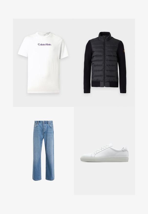 Must mustaga vaip, millel on tikitud eesmine paneel ja kudumisega varrukad, külgpockets ja väike logo plaastriga vasakul käel.; Valge puuvillane T-särk, millel on ümar kaelus, lühikesed varrukad ja lilla "Calvin Klein" logo trükituna rinna peal.; Heledad sinine teksapüksid otse lõikega, viie taskuga, nupuga sulgemine, minimaalne kulumine ja kontrastsed õmbluse detailid.; Valge tennisetoss, millel on sile nahk pealis ja madal profiil. Omab ümarat ninaosa, kuut silmust ja tekstuuriga kummist talda.