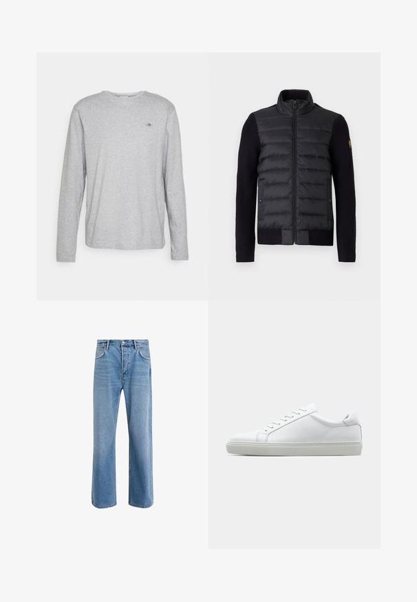 Zwarte zip-up jack met gewatteerd voorschut en gebreide mouwen, voorzien van zijzakken en een klein logopatch op de linkermouw.; Grijze katoenen T-shirt met lange mouwen, een ronde hals en een klein geborduurd logo op de borst. Zachte textuur en een ontspannen pasvorm.; Lichtblauwe denim jeans met een straight-leg ontwerp, vijf zakken, knoopsluiting, minimale vervaging en contrasterende stikseldetails.; Witte sneaker met een gladlederen bovenwerk en een laag profiel. Voorzien van een ronde neus, zes vetergaatjes en een gestructureerde rubberen zool.