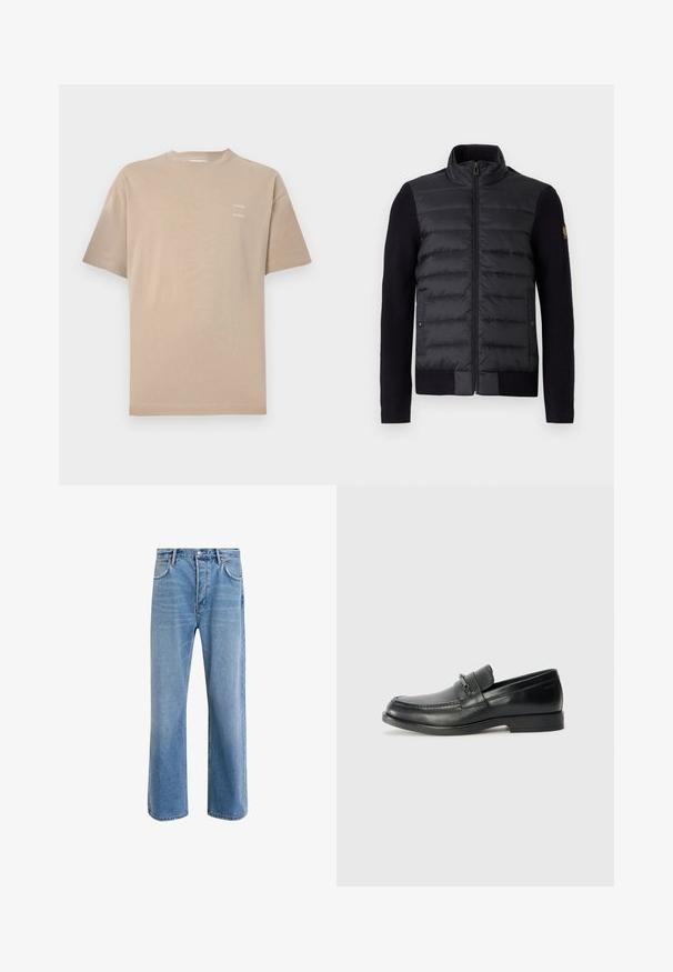 Chaqueta negra con cierre de cremallera y panel delantero acolchado, mangas de punto, con bolsillos laterales y un pequeño parche con el logo en el brazo izquierdo.; Camiseta de algodón beige de manga corta y escote redondo. Presenta el nombre de la marca sutilmente impreso en la parte superior del lado izquierdo del pecho. Textura suave.; Jeans de mezclilla azul claro con un diseño de pierna recta, cinco bolsillos, cierre de botón, ligeramente desgastados y detalles de costura en contraste.; Mocasines de cuero negro con punta redonda, que cuentan con un diseño cosido, una pequeña correa frontal con detalles de metal y una suela de goma plana.