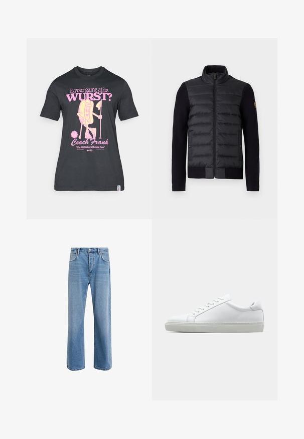 Černá zipová bunda s prošívanou přední částí a pletenými rukávy, vybavená bočními kapsami a malou nášivkou s logem na levém rukávu.; Černé bavlněné tričko s hravým motivem postavičky hotdogu v růžové barvě, s textem o golfu a trenéru Frankovi. Krátké rukávy a kulatý výstřih.; Světle modré džínové kalhoty s rovnými nohavicemi, pěti kapsami, zapínáním na knoflík, minimálním vyblednutím a kontrastním prošitím.; Bílé tenisky s hladkým koženým svrškem a nízkým profilem. Mají zaoblenou špičku, šest nýtů a texturovanou gumovou podrážku.