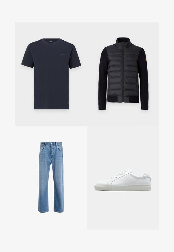 Czarna kurtka zapinana na suwak z pikowanym przednim panelem i dzianinowymi rękawami, z bocznymi kieszeniami i małą naszywką z logo na lewym ramieniu.; Granatowa bawełniana koszulka z okrągłym dekoltem, krótkimi rękawami i małym, szarym logotypem na lewej piersi. Gładka struktura.; Jasnoniebieskie dżinsy o prostym kroju, pięć kieszeni, zapięcie na guzik, minimalne blaknięcia i kontrastowe wykończenia szwów.; Białe sneakersy z gładką skórzaną cholewką i niskim profilem. Posiadają okrągły nos, sześć dziurek na sznurówki oraz teksturowaną gumową podeszwę.
