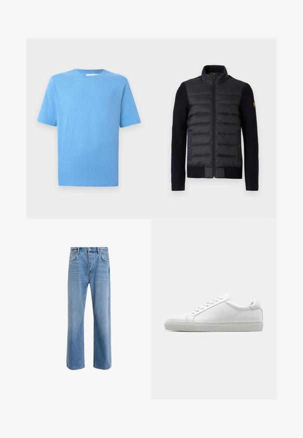 Chaqueta negra con cierre de cremallera y panel delantero acolchado, mangas de punto, con bolsillos laterales y un pequeño parche con el logo en el brazo izquierdo.; Camiseta de manga corta en azul claro, hecha de tela suave. Cuenta con un cuello redondo clásico y un dobladillo de corte recto, con un detalle sutil de textura.; Jeans de mezclilla azul claro con un diseño de pierna recta, cinco bolsillos, cierre de botón, ligeramente desgastados y detalles de costura en contraste.; Zapatilla blanca con parte superior de cuero liso y perfil bajo. Presenta una puntera redondeada, seis ojales y una suela de goma texturizada.