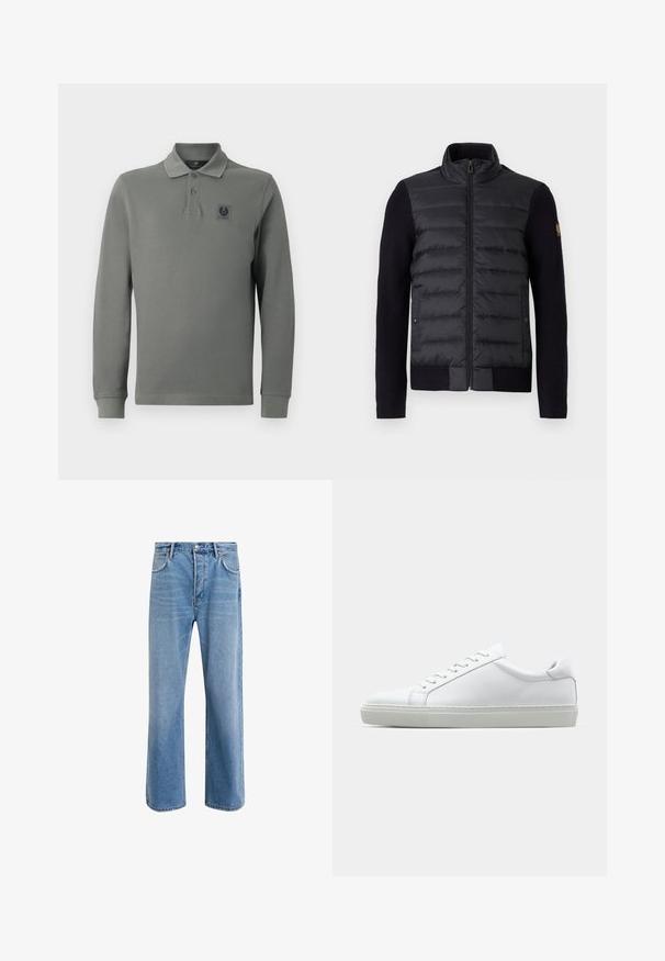 Melns zip-up džemperis ar kviltotu priekšējā paneļa un adītiem piedurknēm, ar sānu kabatām un mazu logo uzlīmi uz kreisā roka.; Garās piedurkņu polo krekls olīvzaļā krāsā, izgatavots no struktūras auduma, ar trīs pogu aizdari un logo uz krūšu daļas.; Gai zilas džinsu bikses ar taisnām kājām, piecām kabatām, pogu aizvēršanu, minimālu izbalēšanu un kontrastējošiem šuvju elementiem.; Baltie sporta apavi ar gludu ādas virsu un zemu profilu. Iezīmējas ar noapaļotu purngalu, sešām acīm un teksturētu gumijas zoli.