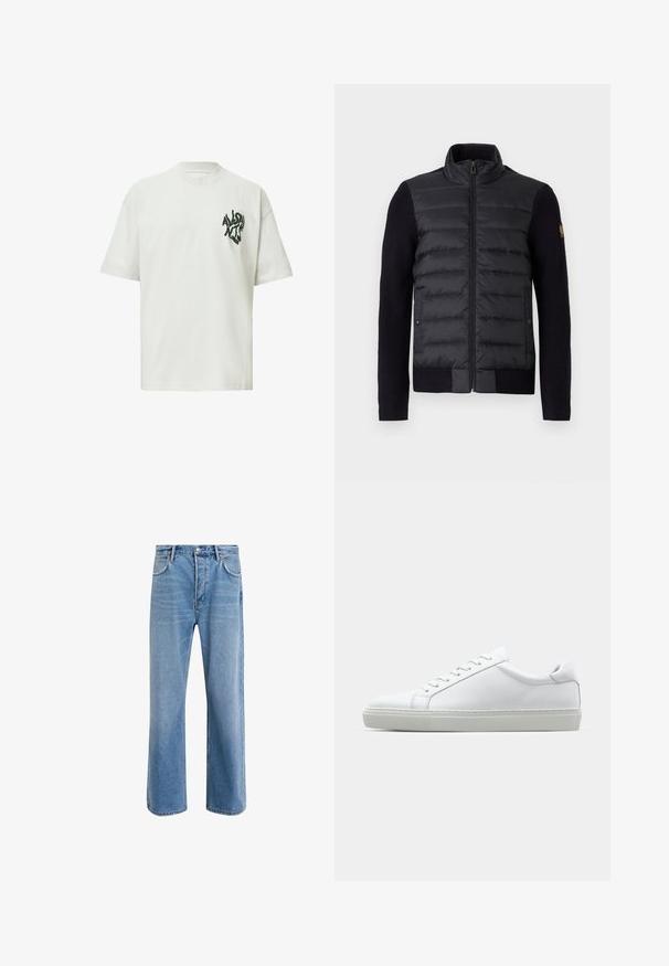 Czarna kurtka zapinana na suwak z pikowanym przednim panelem i dzianinowymi rękawami, z bocznymi kieszeniami i małą naszywką z logo na lewym ramieniu.; Biała, oversize t-shirt z krótkimi rękawami i czarnym zniekształconym napisem "AllSaints London" na lewej stronie klatki piersiowej.; Jasnoniebieskie dżinsy o prostym kroju, pięć kieszeni, zapięcie na guzik, minimalne blaknięcia i kontrastowe wykończenia szwów.; Białe sneakersy z gładką skórzaną cholewką i niskim profilem. Posiadają okrągły nos, sześć dziurek na sznurówki oraz teksturowaną gumową podeszwę.