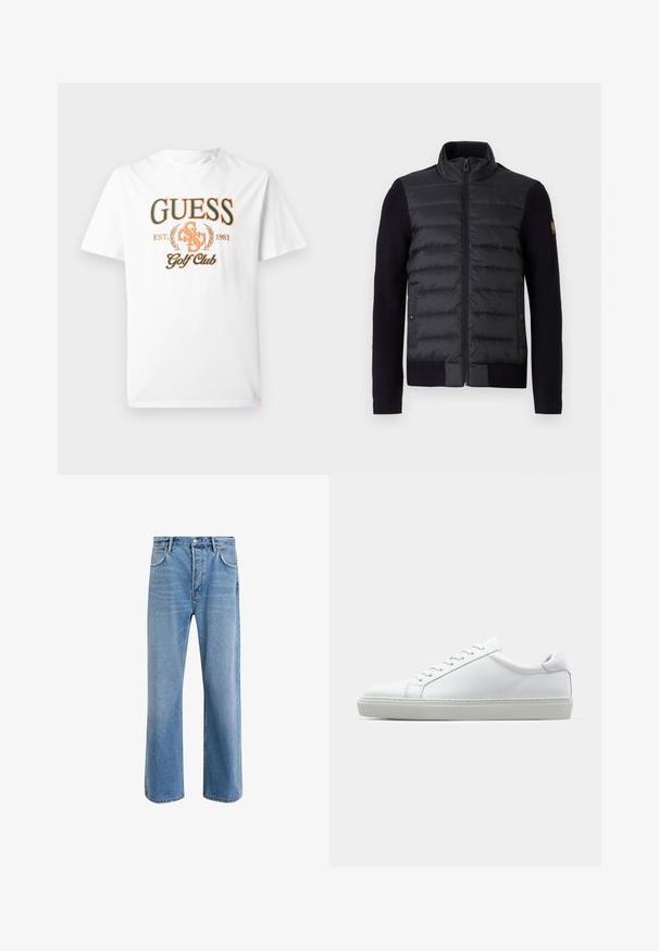 Schwarze Zip-Up-Jacke mit gestepptem Vorderteil und gestrickten Ärmeln, ausgestattet mit Seitentaschen und einem kleinen Logo-Patch am linken Arm.; Weißes T-Shirt aus Baumwolle mit orangefarbenem "GUESS Golf Club"-Grafikdesign, umrahmt von Lorbeerakzenten und dem Gründungsjahr 1981. Klassisches Rundhalsdesign.; Helle blaue Jeans im Geradeschnitt-Design, mit fünf Taschen, Knopfverschluss, minimaler Ausbleichung und kontrastierenden Nähdetails.; Weißer Sneaker mit glattem Lederobermaterial und niedrigem Profil. Verfügt über eine runde Zehenpartie, sechs Ösen und eine strukturierte Gummisohle.