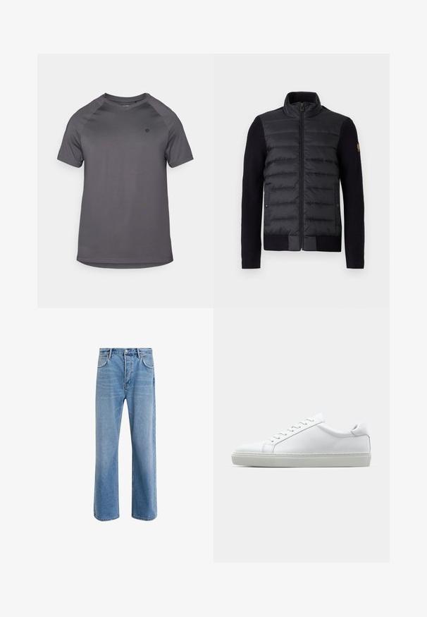 Black zip-up jacket with quilted front panel and knitted sleeves, featuring side pockets and a small logo patch on the left arm.; Gray athletic T-shirt featuring a round neckline, short raglan sleeves, and a smooth texture with a logo on the left side.; Light blue denim jeans with a straight-leg design, five pockets, button closure, minimal fading, and contrasting stitching details.; White sneaker with a smooth leather upper and a low profile. Features a rounded toe, six eyelets, and a textured rubber sole.