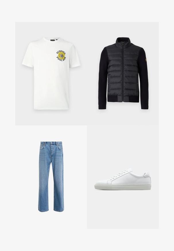 Zwarte zip-up jack met gewatteerd voorschut en gebreide mouwen, voorzien van zijzakken en een klein logopatch op de linkermouw.; Wit katoenen T-shirt met een grafisch ontwerp van een zonnebloem met een zonnebril en de tekst "SUNNIES POOLBAR" in zwart en geel.; Lichtblauwe denim jeans met een straight-leg ontwerp, vijf zakken, knoopsluiting, minimale vervaging en contrasterende stikseldetails.; Witte sneaker met een gladlederen bovenwerk en een laag profiel. Voorzien van een ronde neus, zes vetergaatjes en een gestructureerde rubberen zool.
