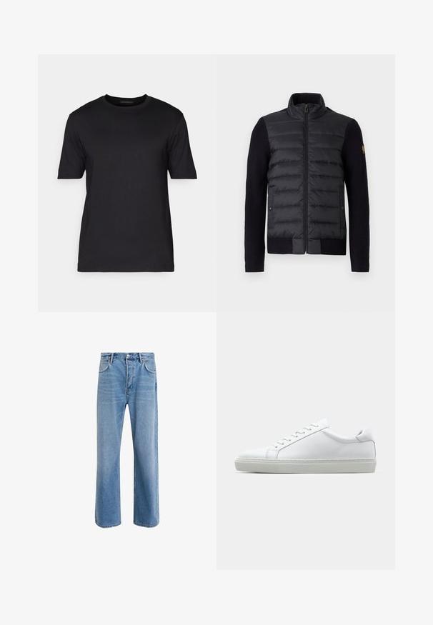 Černá zipová bunda s prošívanou přední částí a pletenými rukávy, vybavená bočními kapsami a malou nášivkou s logem na levém rukávu.; DRYKORN RAPHAEL - Jednoduché tričko - black; Světle modré džínové kalhoty s rovnými nohavicemi, pěti kapsami, zapínáním na knoflík, minimálním vyblednutím a kontrastním prošitím.; Bílé tenisky s hladkým koženým svrškem a nízkým profilem. Mají zaoblenou špičku, šest nýtů a texturovanou gumovou podrážku.