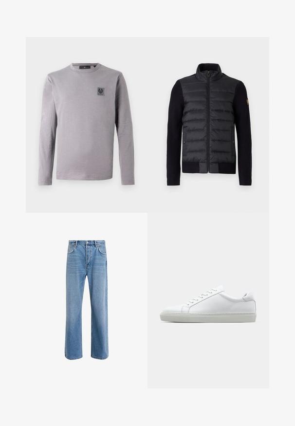 Juodas zip-up džemperis su siuvinėtu priekiu ir megztais rankovėmis, su šoniniais kišenėmis ir mažu logotipu kairėje rankovėje.; Pilkas ilgomis rankovėmis marškinėlis iš minkštos medvilnės. Turi apvalų iškirptę ir mažą tamsią ženkliuko dėmelę ant krūtinės. Lygus tekstūra, kasdienis dizainas.; Šviesiai mėlyni džinsai su tiesiu kirpimu, penkios kišenės, mygtuko užsegimas, minimalus blukimas ir kontrastingi siuvimo detalės.; Baltas sportinis batelis su lygiu odiniu paviršiumi ir žemu profiliu. Turi suapvalintą pirštą, šešis akių skyrius ir tekstūruotą gumos padą.