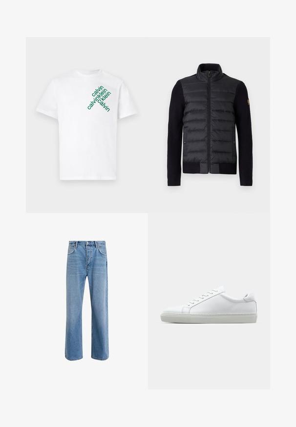 Svart zip-up jacka med kviltad frampanel och stickade ärmar, med sidofickor och en liten logotyp på vänstra ärmen.; Vit bomull t-shirt med grön diagonalt text som läser "calvin klein" i varierande storlekar på framsidan. Kortärmad och rundhalsad design.; Ljust blå denimjeans med rak passform, fem fickor, knappstängning, minimal blekning och kontrasterande sömdetaljer.; Vit sneaker med en slät läderövre och låg profil. Har en rundad tå, sex snörhål och en strukturerad gummisula.