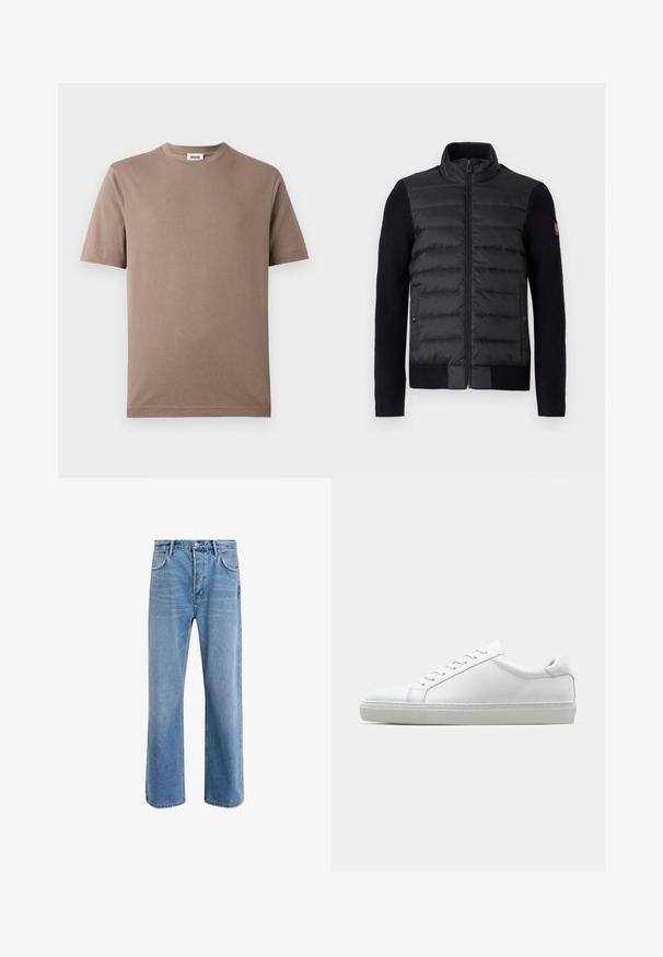 Casaco preto com fecho zip, painel frontal acolchoado e mangas de malha, com bolsos laterais e um pequeno emblema no braço esquerdo.; T-shirt de algodão castanho com gola redonda e mangas curtas. Textura suave, design simples e bainha reta. Sem padrões ou embellishments visíveis.; Calças de ganga azul claro com um design de perna reta, cinco bolsos, fecho de botão, desgaste mínimo e detalhes de costura em contraste.; Sapatilha branca com um cabedal em couro liso e de perfil baixo. Apresenta um bico redondo, seis ilhoses e uma sola de borracha texturizada.
