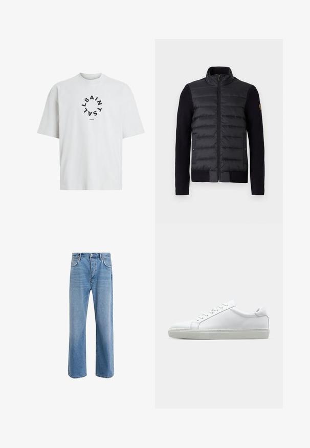 Czarna kurtka zapinana na suwak z pikowanym przednim panelem i dzianinowymi rękawami, z bocznymi kieszeniami i małą naszywką z logo na lewym ramieniu.; Biała koszulka bawełniana z okrągłym czarnym nadrukiem graficznym z napisem "SAINT LAURENT LONDON" w układzie okrągłym. Krótkie rękawy.; Jasnoniebieskie dżinsy o prostym kroju, pięć kieszeni, zapięcie na guzik, minimalne blaknięcia i kontrastowe wykończenia szwów.; Białe sneakersy z gładką skórzaną cholewką i niskim profilem. Posiadają okrągły nos, sześć dziurek na sznurówki oraz teksturowaną gumową podeszwę.
