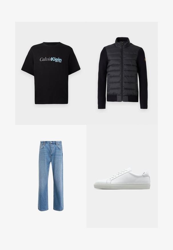 Svart zip-up jacka med kviltad frampanel och stickade ärmar, med sidofickor och en liten logotyp på vänstra ärmen.; Svart kortärmad T-shirt med "Calvin Klein New York" logotyp i vitt och blått centrerad på bröstet mot en enkel bakgrund.; Ljust blå denimjeans med rak passform, fem fickor, knappstängning, minimal blekning och kontrasterande sömdetaljer.; Vit sneaker med en slät läderövre och låg profil. Har en rundad tå, sex snörhål och en strukturerad gummisula.