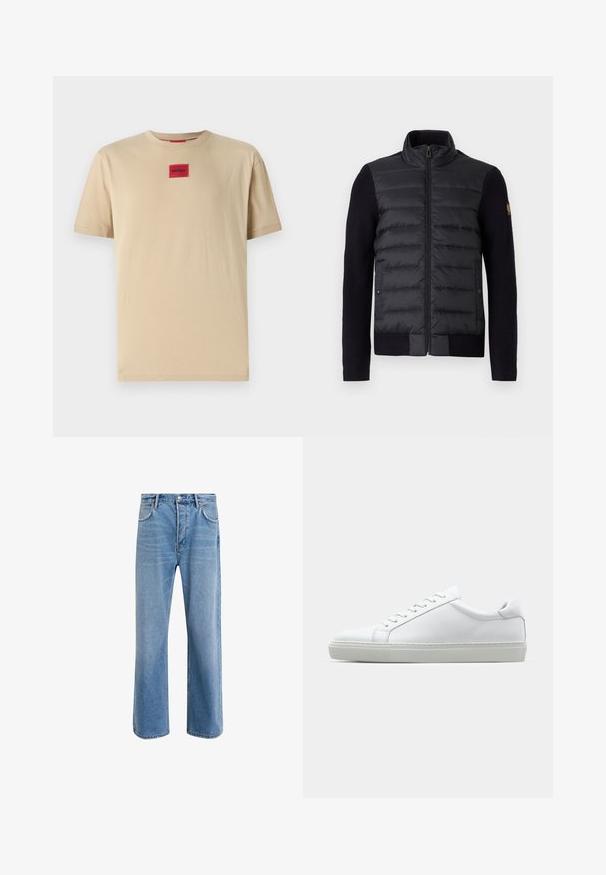 Chaqueta negra con cierre de cremallera y panel delantero acolchado, mangas de punto, con bolsillos laterales y un pequeño parche con el logo en el brazo izquierdo.; Camiseta de algodón beige con un corte relajado, que presenta un pequeño parche rojo con el logotipo "HUGO" en el centro y un clásico escote redondo.; Jeans de mezclilla azul claro con un diseño de pierna recta, cinco bolsillos, cierre de botón, ligeramente desgastados y detalles de costura en contraste.; Zapatilla blanca con parte superior de cuero liso y perfil bajo. Presenta una puntera redondeada, seis ojales y una suela de goma texturizada.