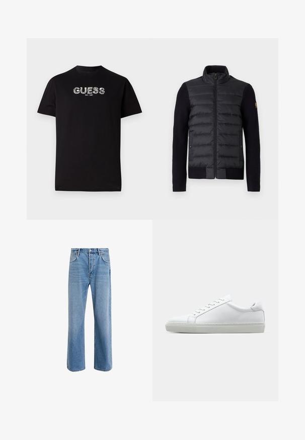 Jachetă neagră cu fermoar, panou frontal matlasat și mâneci tricotate, având buzunare laterale și o mică etichetă cu logo pe brațul stâng.; Tricou negru din bumbac cu mâneci scurte, având un grafic alb cu logo-ul "GUESS" și textul "EST. 1981" dedesubt. Guler rotund, croială casual.; Jeans din denim bleu deschis cu un design drept, cinci buzunare, închidere cu buton, decolorare minimă și detalii de cusătură în contrast.; Adidași albi cu o suprafață din piele netedă și un profil jos. Au un vârf rotunjit, șase orificii pentru șireturi și o talpă din cauciuc texturată.