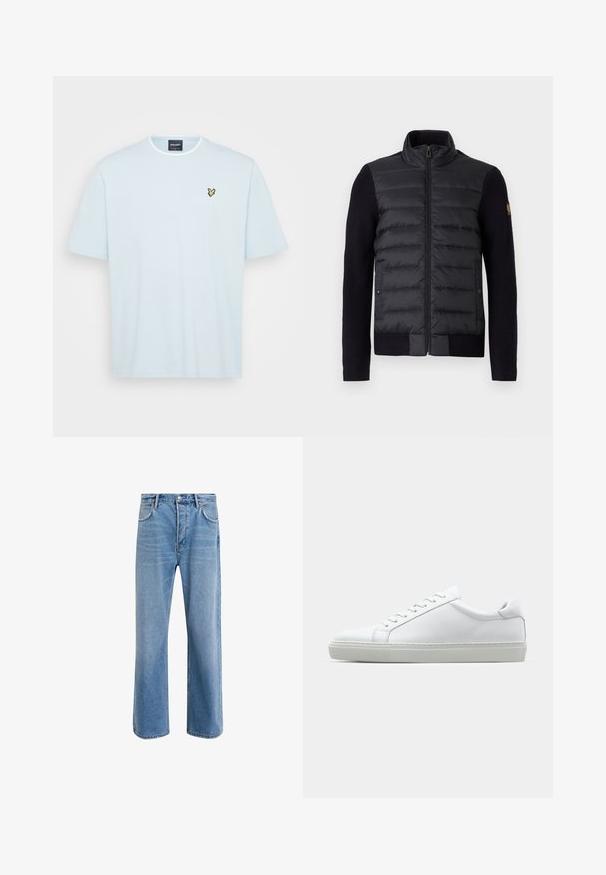 Svart zip-up jacka med kviltad frampanel och stickade ärmar, med sidofickor och en liten logotyp på vänstra ärmen.; Ljusblå bomull t-shirt med rund halsringning och korta ärmar. Har en liten gul fjärilslogotyp på vänster bröst.; Ljust blå denimjeans med rak passform, fem fickor, knappstängning, minimal blekning och kontrasterande sömdetaljer.; Vit sneaker med en slät läderövre och låg profil. Har en rundad tå, sex snörhål och en strukturerad gummisula.