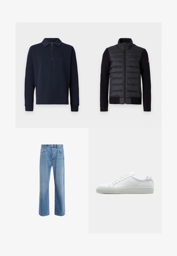Zwarte zip-up jack met gewatteerd voorschut en gebreide mouwen, voorzien van zijzakken en een klein logopatch op de linkermouw.; Donkerblauwe poloshirt met lange mouwen, een halve ritssluiting en een klein patchlogo op de linkerborst.; Lichtblauwe denim jeans met een straight-leg ontwerp, vijf zakken, knoopsluiting, minimale vervaging en contrasterende stikseldetails.; Witte sneaker met een gladlederen bovenwerk en een laag profiel. Voorzien van een ronde neus, zes vetergaatjes en een gestructureerde rubberen zool.