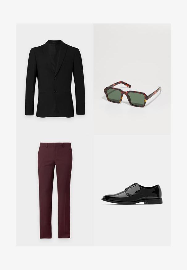 Sacou negru cu rever înclinat, design cu un singur rând de nasturi, două butoane și buzunar cu îmbinări; textură netedă și croială ajustată.; Pulover negru cu guler înalt dintr-o țesătură moale. Prezintă mâneci lungi și un design ajustat, cu un guler și un tiv cu benzi. Branding minim.; Pantaloni tailored burgundy cu un croi structurat. Prezintă un fața plată, bucle pentru curea și fără buzunare vizibile, fiind realizați dintr-un material neted.; Pantofii din piele lacuită neagră, cu vârful rotund, design cu șireturi și suprafață netedă, strălucitoare. Au o talpă din cauciuc cu profil jos.; Ochelari de soare din tortoise cu rame pătrate, lentile nuanțate de verde și accente contrastante de portocalie pe marginea brațelor.