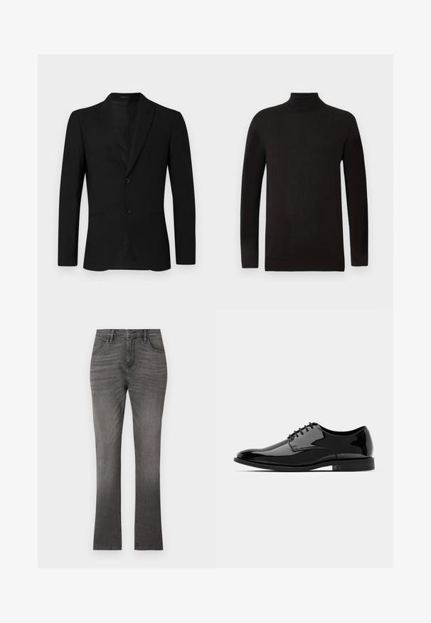 Veste noire avec revers en pointe, design à boutonnage simple, deux boutons et poche passepoilée ; texture lisse et coupe ajustée.; Pull à col roulé noir en tissu tricoté doux. Présente des manches longues et une coupe cintrée avec un col et un ourlet côtelés. Branding minimal.; Jean en denim gris avec une coupe droite, doté d'un design classique à cinq poches et d'un léger délavage. Fermeture par bouton et zip standard.; Chaussure de dress en cuir verni noir avec un bout arrondi, un design à lacets et une surface lisse et brillante. Dispose d'une semelle en caoutchouc discrète.