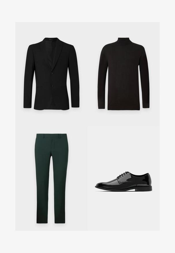 Černá saka s klopou, jednobarevným designem, na dva knoflíky a kapsou s lemem; hladká textura a přiléhavý střih.; Černý rolák z měkké pleteniny. Má dlouhé rukávy a těsný střih s žebrovaným límcem a lemem. Minimální značení.; Tmavě zelené kalhoty se střihem rovného nohavice, vyrobené z hladkého materiálu. Disponují plochým předním dílem a standardním pasem se poutky na pásek.; Černé lakované kožené dress boty s kulatou špičkou, šněrovacím designem a hladkým, lesklým povrchem. Disponují nízkoprofilovou gumovou podrážkou.