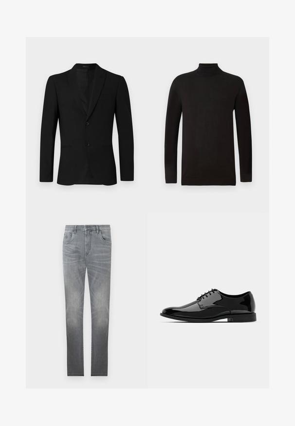 Črn suknjič s klapnom, enorednim zapenjanjem, dvema gumboma in žepom s preklopom; gladka tekstura in prilagojen kroj.; Črna turtleneck pulover iz mehkega pletenega materiala. Ima dolge rokave in oprijet kroj z rebrastim ovratnikom in robom. Minimalno blagovno znamčenje.; Sivi jeans iz denima z zbledelim dizajnom, petimi žepi, z gumbom za zapiranje in ravnim krojem. Gladka tekstura z rahlim obrabljenjem na robovih.; Črne lakirane usnjene čevlje z zaobljenim nosom, vezanjem in gladko, sijočo površino. Imajo nizko profilirano gumijasto podplat.