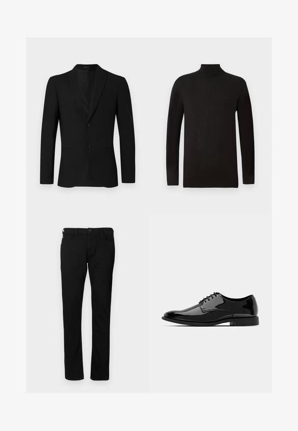 Giacca nera con rever a notched, design a un petto con due bottoni e tasche a nappe; texture liscia e vestibilità su misura.; Maglione a collo alto nero in un morbido tessuto a maglia. Caratterizzato da maniche lunghe e una vestibilità aderente con un colletto e orlo a coste. Branding minimale.; Jeans in denim nero con una vestibilità slim, dotati di tasche frontali, passanti per cintura e chiusura con bottone. Tessuto liscio con un colore uniforme.; Scarpa da uomo in vernice nera con punta tonda, design con lacci e superficie liscia e lucida. Presenta una suola in gomma a profilo basso.