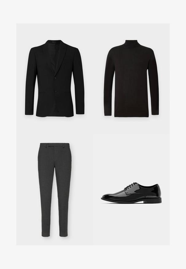 Čierna sako s vystrihom, jednoradovým dizajnom, dvoma gombíkmi a našitými vreckami; hladká textúra a prispôsobený strih.; Čierny rolák z jemnej pleteniny. Má dlhé rukávy a priliehavý strih s rebrovaným golierom a lemom. Minimalistické brandovanie.; Tmavo šedé tailored nohavice vyrobené z textúrovanej látky, s gombíkom a zipsom, pútkami na opasok a štíhlym strihom.; Čierne lakované kožené topánky s okrúhlou špičkou, šnurovací dizajn a hladký, lesklý povrch. Obsahujú nízky gumový podrážku.