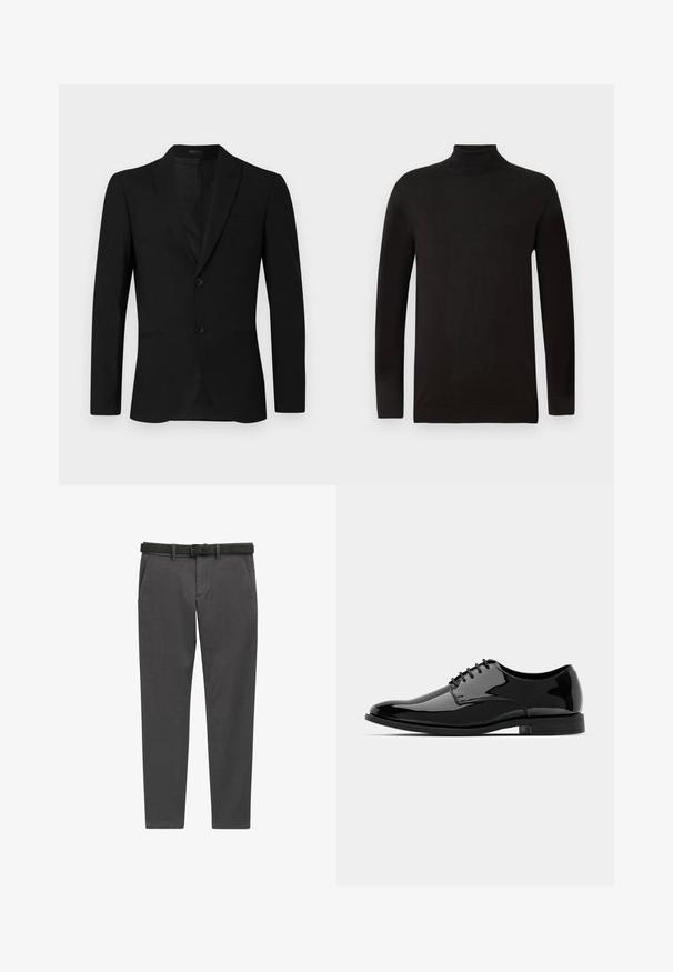 Giacca nera con rever a notched, design a un petto con due bottoni e tasche a nappe; texture liscia e vestibilità su misura.; Maglione a collo alto nero in un morbido tessuto a maglia. Caratterizzato da maniche lunghe e una vestibilità aderente con un colletto e orlo a coste. Branding minimale.; Pantaloni grigi realizzati in tessuto intrecciato, caratterizzati da un taglio dritto, tasche laterali e una cintura in pelle nera con fibbia argentata.; Scarpa da uomo in vernice nera con punta tonda, design con lacci e superficie liscia e lucida. Presenta una suola in gomma a profilo basso.