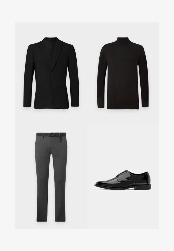 Svart kostymjacka med spetsig slag, enkelt knäppning, två knappar och fickor med bälg; slät textur och skräddarsydd passform.; Svart polotröja i mjukt stickat material. Har långa ärmar och en figurnära design med ribbad krage och fåll. Minimal varumärkesprofil.; Mörkgrå byxor i texturerad tyg, med ett svart bälte, bälteshål och två sidofickor. Rak ben-design, inga synliga mönster.; Svart lackläderskor med rund tå, snörning och slät, blank yta. Har en låg gummisula.