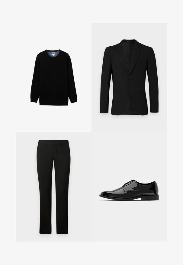 Fekete zakó, elfordított hajtókával, egy sor gombbal, két gombbal és zsebkendőzsebbel; sima textura és testre szabott fazon.; Fekete, hosszú ujjú pulóver bordás anyagból, kerek nyakkivágással. Diszkrét logóval rendelkezik a mellkason és kontrasztos belső gallérral.; Fekete nadrág, amely testre szabott fazonú, sima textúrával és egyenes lábformával rendelkezik. A derékrészén övhurkok találhatóak, és letisztult kidolgozású.; Fekete lakkbőr félcipő lekerekített orral, fűzős kialakítással és sima, fényes felülettel. Alacsony profilmagasságú gumitalppal rendelkezik.