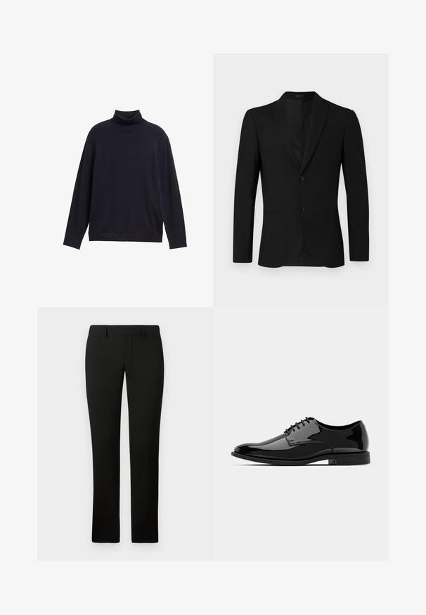 Czarna marynarka w garniturze z klapami, jednoosobowa konstrukcja, na dwa guziki, z kieszeniami o gładkim wykończeniu; gładka tekstura i dopasowany krój.; Granatowy sweter z golfem wykonany z gładkiego dzianiny, z długimi rękawami i luźnym krojem. Małe logo na piersi.; Czarne spodnie o dopasowanym kroju, z gładką fakturą i prostymi nogawkami. Pas wyposażony jest w szlufki na pasek i ma estetyczne wykończenie.; Czarne, lakierowane buty wizytowe ze zaokrąglonym noskiem, sznurowane, o gładkiej, błyszczącej powierzchni. Posiadają niski, gumowy obcas.