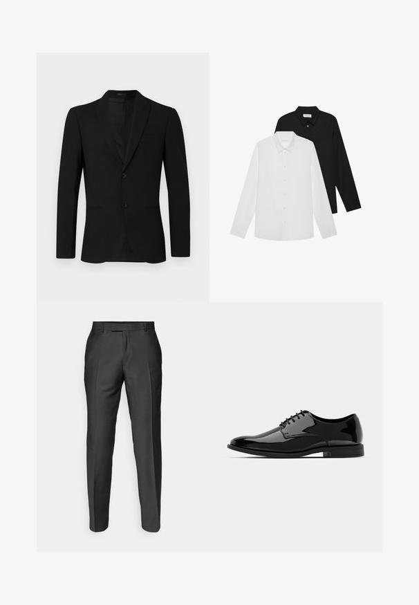 Černá saka s klopou, jednobarevným designem, na dva knoflíky a kapsou s lemem; hladká textura a přiléhavý střih.; Bílé a černé dlouhé rukávy s špičatými límečky, předními knoflíky a hladkou texturou látky. Etikety viditelné na vnitřní straně límce.; Ušité kalhoty z tmavě šedé tkaniny. Mají slim fit, plochý přední díl a poutka na opasek. Hladká textura s jemným leskem.; Černé lakované kožené dress boty s kulatou špičkou, šněrovacím designem a hladkým, lesklým povrchem. Disponují nízkoprofilovou gumovou podrážkou.