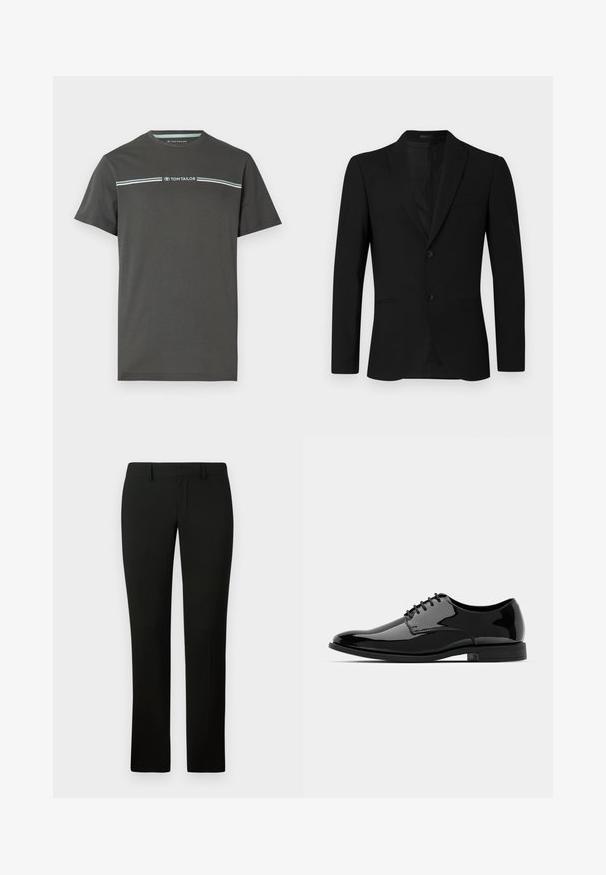 Svart dressjakke med notched lapel, en-knapp design, to knapper og stikklomme; glatt tekstur og skreddersydd passform.; Grå T-skjorte med korte ermer laget av bomull, med rund hals og et horisontalt stripete design i lys blå over brystet.; Svarte bukser med tilpasset passform, med en jevn tekstur og rette ben. Livremmen har beltestropper og en ren finish.; Svart lakkskinn dressko med rund tå, snøring og glatt, blank overflate. Den har en lav, gummisåle.