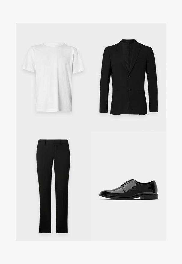 Black suit jacket featuring a notched lapel, single-breasted design, two buttons, and welted pocket; smooth texture and tailored fit.; White short-sleeve T-shirt made of soft cotton, featuring a crew neckline and subtle embossed logo detail on the left chest.; Black trousers with a tailored fit, featuring a smooth texture and straight leg design. The waistband has belt loops and a clean finish.; Black patent leather dress shoe with a rounded toe, lace-up design, and smooth, shiny surface. Features a low-profile rubber sole.