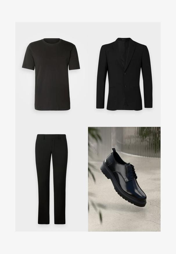 Sacou negru cu rever înclinat, design cu un singur rând de nasturi, două butoane și buzunar cu îmbinări; textură netedă și croială ajustată.; Tricou negru din bumbac, cu guler clasic și mâneci scurte, având un accent subtil al logo-ului pe piept, textură netedă.; Pantaloni negri cu croială ajustată, având o textură netedă și un design cu picioare drepte. Talie cu bucle pentru curea și o finisare curată.; Pantof cu piele neagră, cu un finish lucios, vârf rotund, design cu șireturi, cusături în contrast și o talpă groasă din cauciuc cu modele de crampoane.